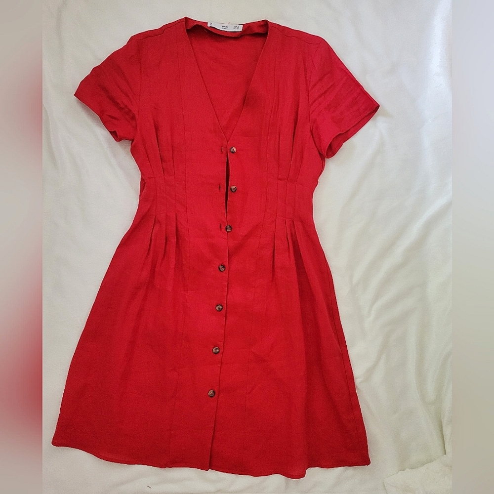 Mango basics red linen mini dress